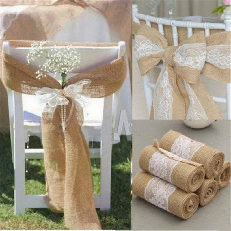 Burlap Sashes with Lace 7' X108' (Pack of 10) Chair Sashes for Weddings, Events, Hotels and Catering Party Decoration Chair Ties