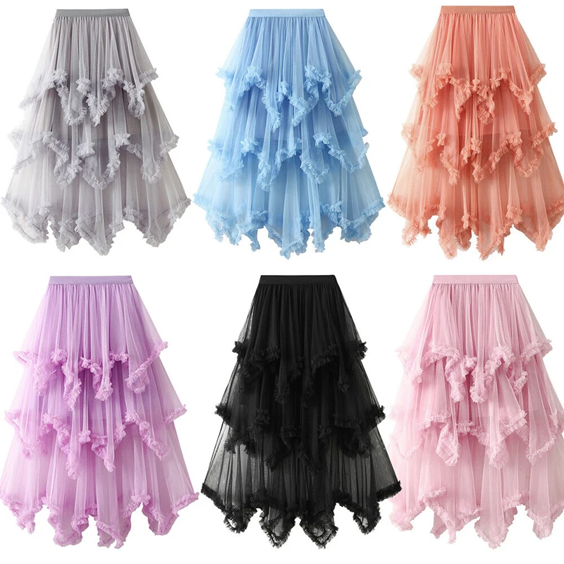 Women Summer Asymmetrical High Waist Ruffles Mesh Tutu Tulle Skirt Big Swing Fluffy Fairy Pleated Skirts Irregular Pleated Skirt