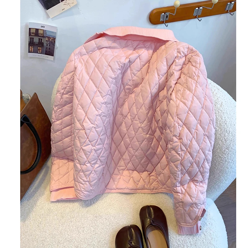 Winter Cotton Pink Jacket Lightweight Diamond grid Parka autumn Long Skeeve Fashion Simple and high-end casual Coat Outerwear