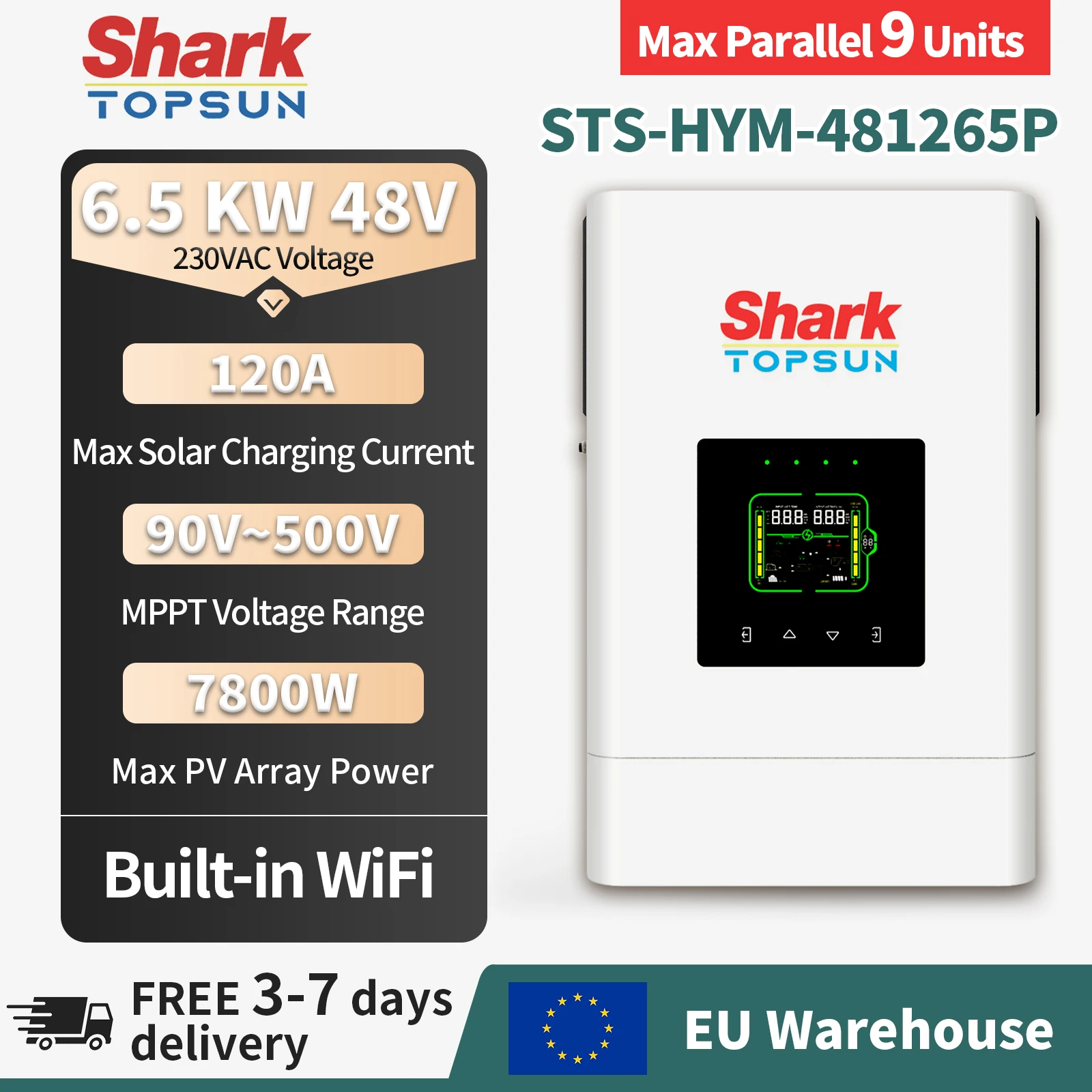 Shark TopSun STS HYM 481265P 48V 65KW Inversor solar híbrido 120A MPPT 500V Entrada fotovoltaica Onda sinusoidal pura Pantalla táctil a color Soporte WiFi incorporado 9 unidades Paralelo Hogar Fuera de la red Almacenam