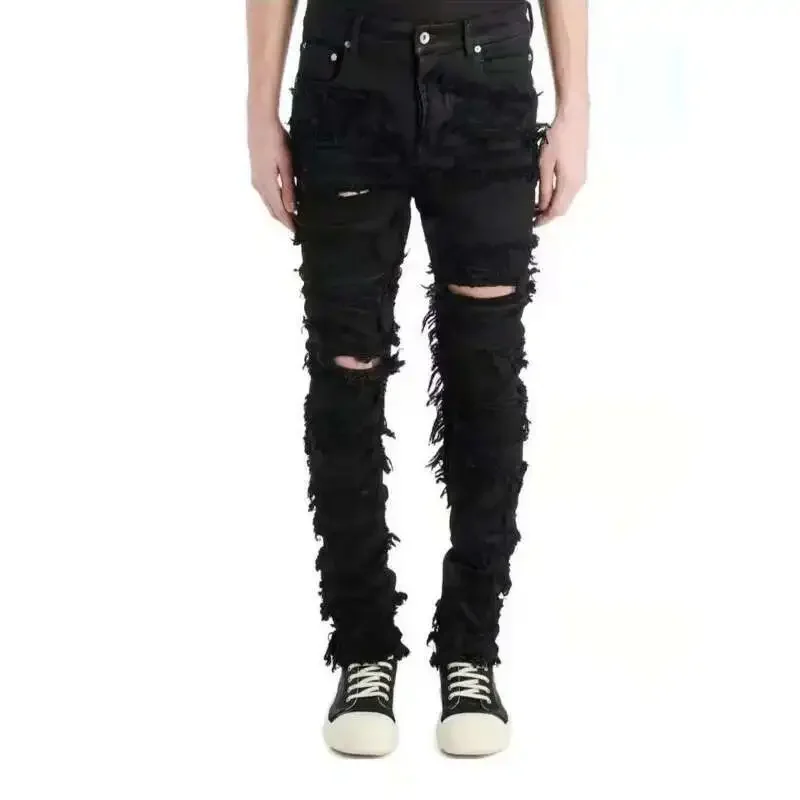 

Весенние новые мужские джинсовые брюки в стиле панк с темным покрытием, шикарные вощеные джинсовые брюки, повседневные джинсы с дырками в стиле RO