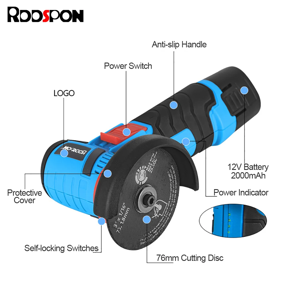 Brushless Cordless Angle Grinder 76mm 12V 19500RPM 2000mAh Electric Grinding Cutter for Cutting Polishing Ceramic Tile Wood