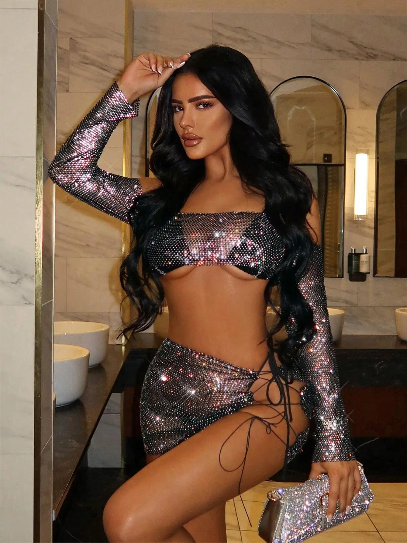 

AKYZO Women's Diamond Half Skirt Set Sexy Spicy Girl Nightclub Short Skirt Spring and Summer Fishnet Outfits 2021