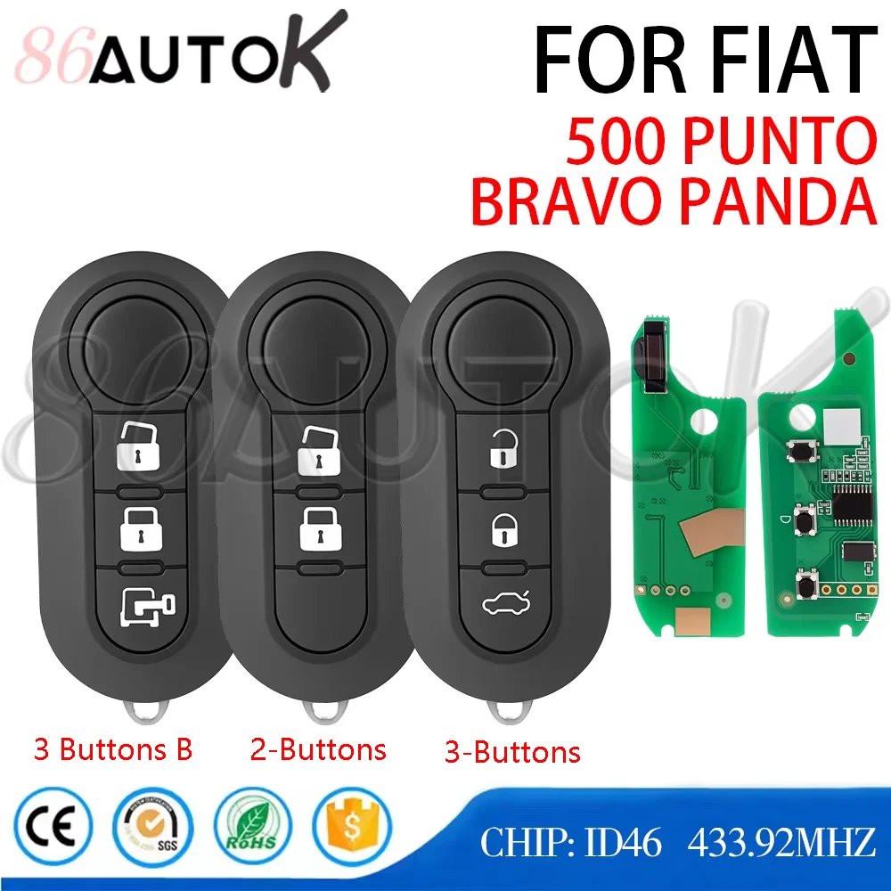

86AUTOK - Remote Car Key 2/3 Buttons For Fiat 500 Punto Bravo Panda For Peugeot Boxer Folding Car Key ID46 433.92MHZ