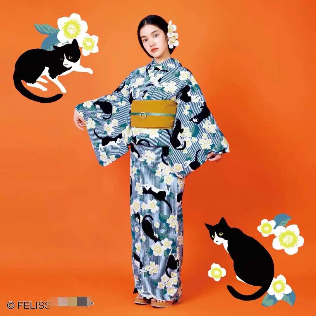 

Japanese Kimono With Obi Cat Pattern Modified Bathrobe For Girls Cosplay Clothing Photography Wear Stage Dress 150cm-172cm