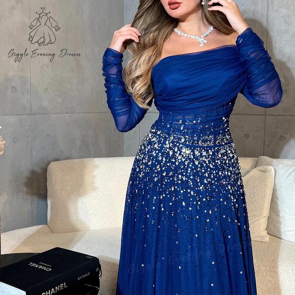 Giggle Boat Neck Luxury Beading elegante abito da festa formale donna muslimex squars raffainer, Tulle e pieghe abito da sera lunghezza pavimento