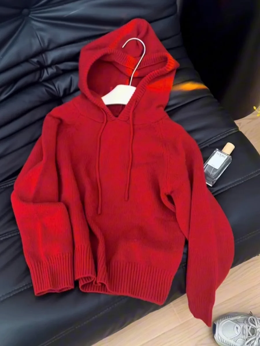 Suéter con Capucha Rojo de Navidad y Año Nuevo, Ropa Interior y Exterior para Mujer, Top de Punto Suave y Acogedor, Estilo In...