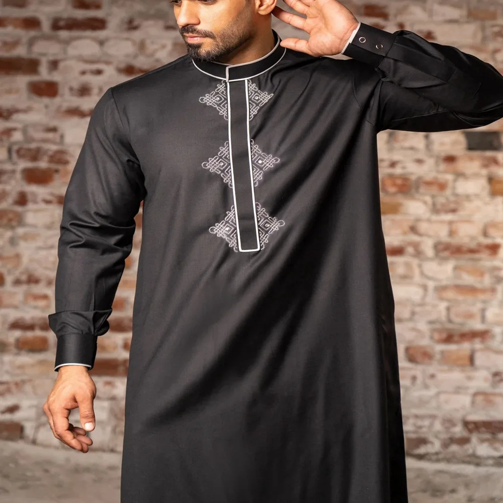 Black Hot Sale Arabic Long Sleeves Men's Shirt Classic Plus Size Party Outfit Delicate Spring Autumn Loose Robe High Neck