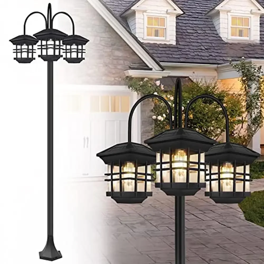 3-Head Solar Street Light Aluminum Waterproof Outdoor Lamp Post Energy-Efficient Garden Lighting Automatic Dusk to Dawn Black