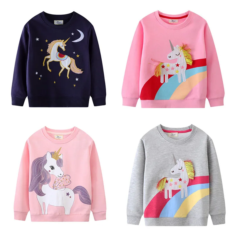 

Jumping Meters Unicorn Embroidery Long Sleeve Sweatshirt for Girls Autumn Winter Toddler Kids Sport Shirt Animal Theme New Tops
