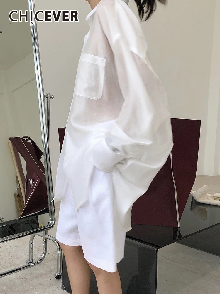 CHICEVER Solid Shirts For Women Lapel Long Sleeve Patchwork Pockets Single Breasted Minimalist Blouses Female Clothing Fashion