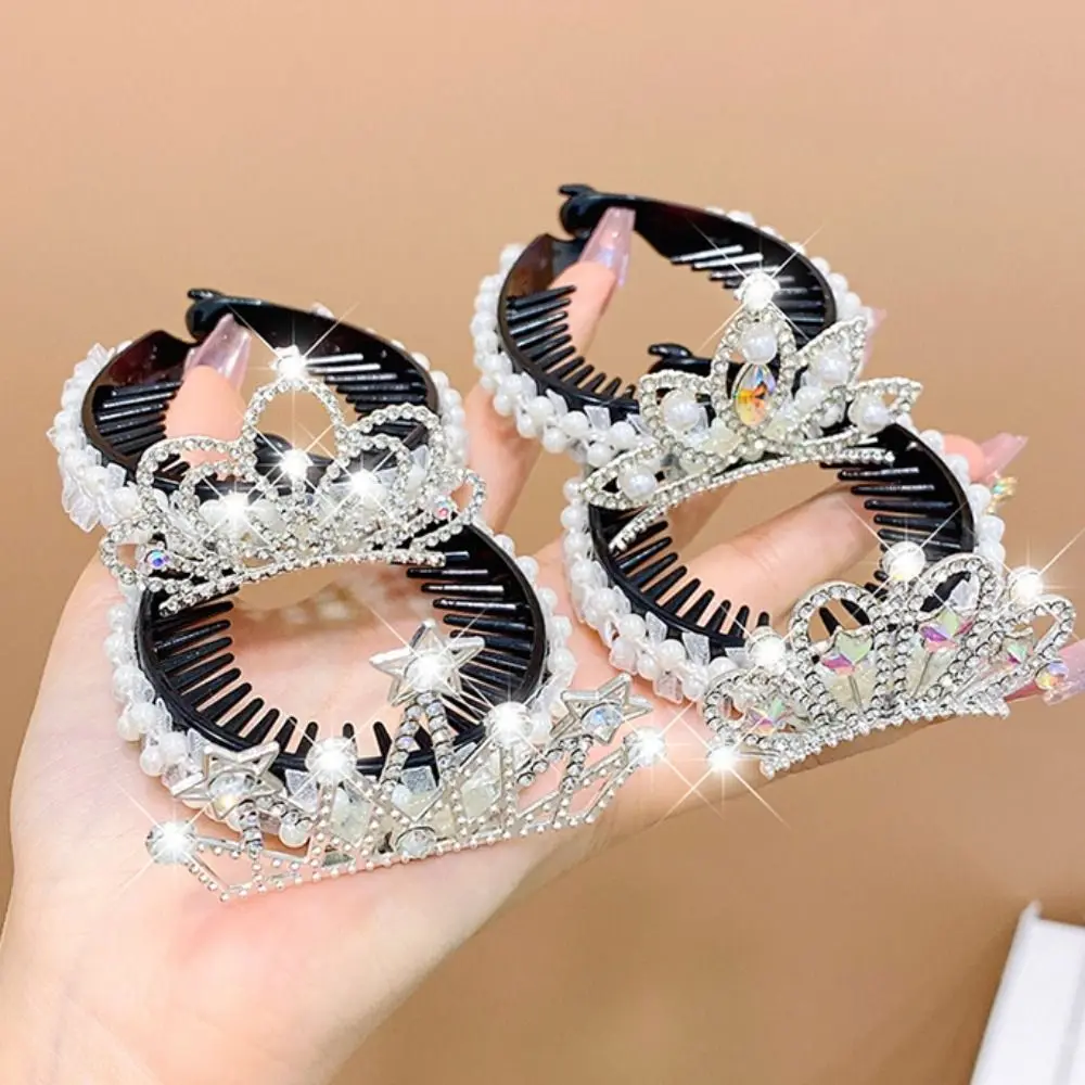 Kids Headwear Hollow Out Crystal Pearl Lovely Kids Hair Claw Children's Crown Bun Hair Clip Crab High Ponytail Fixed Artifact