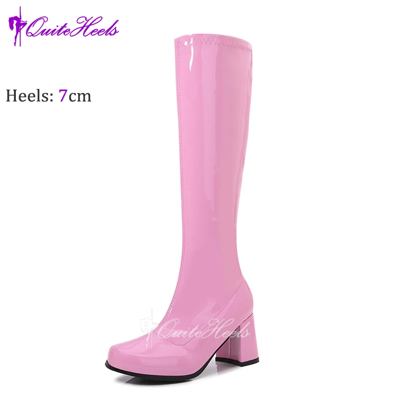 Lavender 60s 70s Gogo Boots Square Heel Knee-High Party Boots Sexy Retro  Women Cross Dressing Gothic Shoe 7cm New Colors