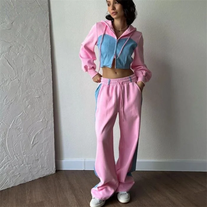 Damski zestaw sportowy: bluza z kapturem, spodnie, komplet dresowy, długi rękaw, zapinany na zamek, strój rekreacyjny, dwuczęściowy komplet.
