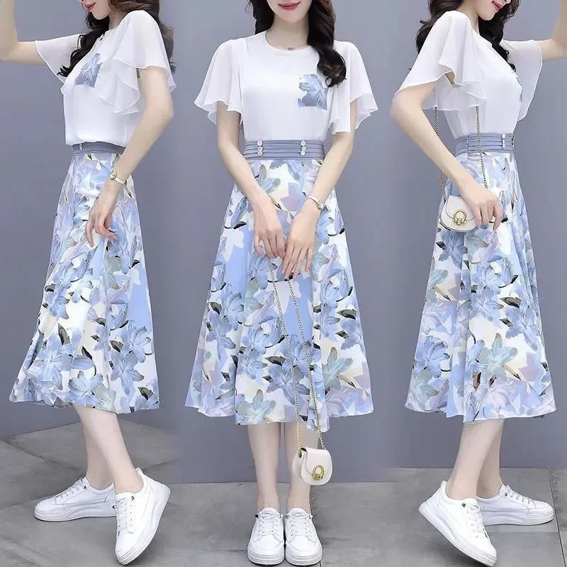 Elegant Women's Suits Summer 2024 New Fashion Casual Slim Temperament Floral T-shirts Skirts Female Two Piece Sets