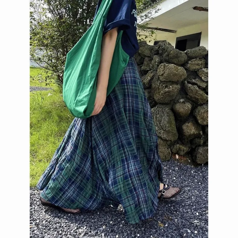 Vintage Plaid Skirts Women 2025 Spring Summer Elastic Waist Folds Large Swing A-line Long Skirt Beach Style Chic Faldas