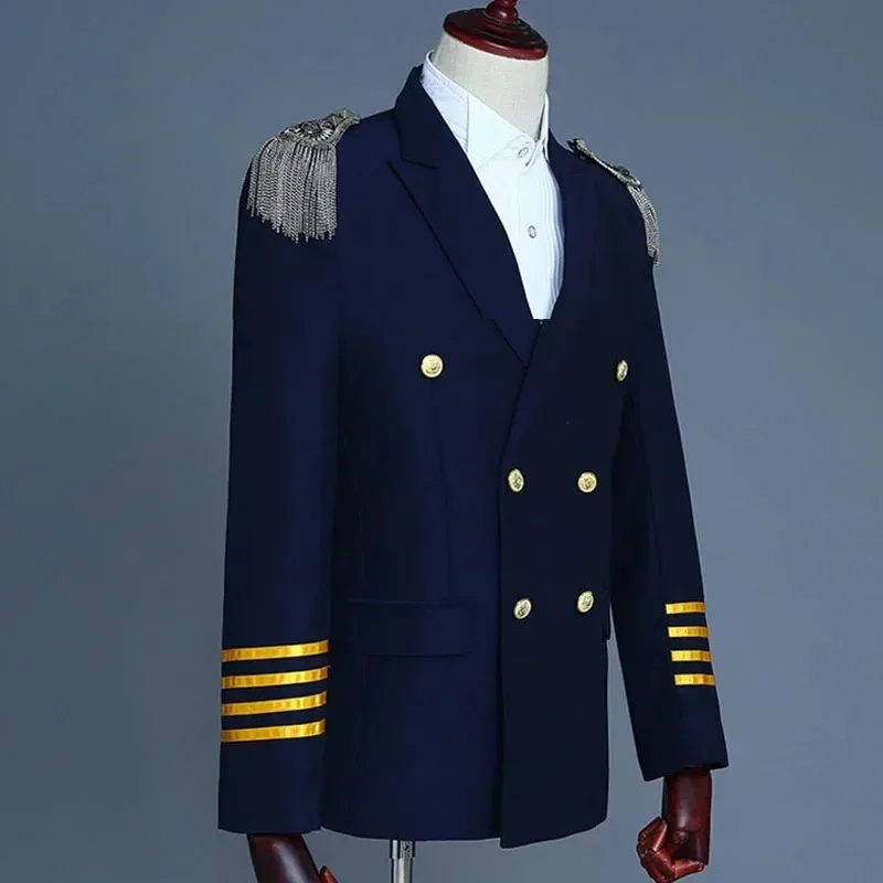

New ★ Navy Captain Officer Sailor Peacoat Costume Mens Blazer Suit Military Fringe Marching Band Jacket Uniform For Ad★ 2025 qi☆
