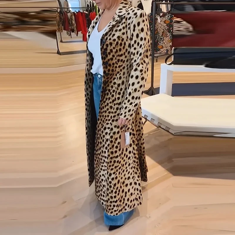 

Fashion Lapel Slim Commute Autumn New Women Leisure Pocket Outerwear High Street Leopard Printed Long Sleeve Trench Coat