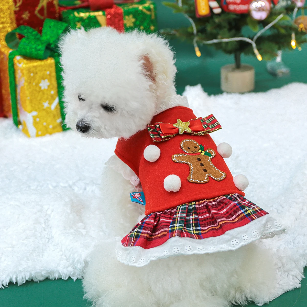 1PC Pet Clothing Cat Autumn/Winter Christmas Gingerbread Man Red Checkered Skirt Suitable for Small and Medium sized Dogs