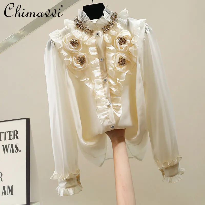 

New 2026 Spring Vintage Court Style 3D Flower Lace Blouse Heavy Embellished Rhinestone Ruffled Design Elegant Shirt Tops