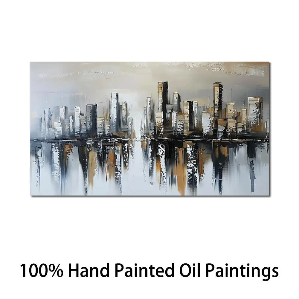 

Abstract Canvas Art Contemporary City Skyline Handmade Oil Painting Textured Modern Artwork Family Room Office Wall Decor Large