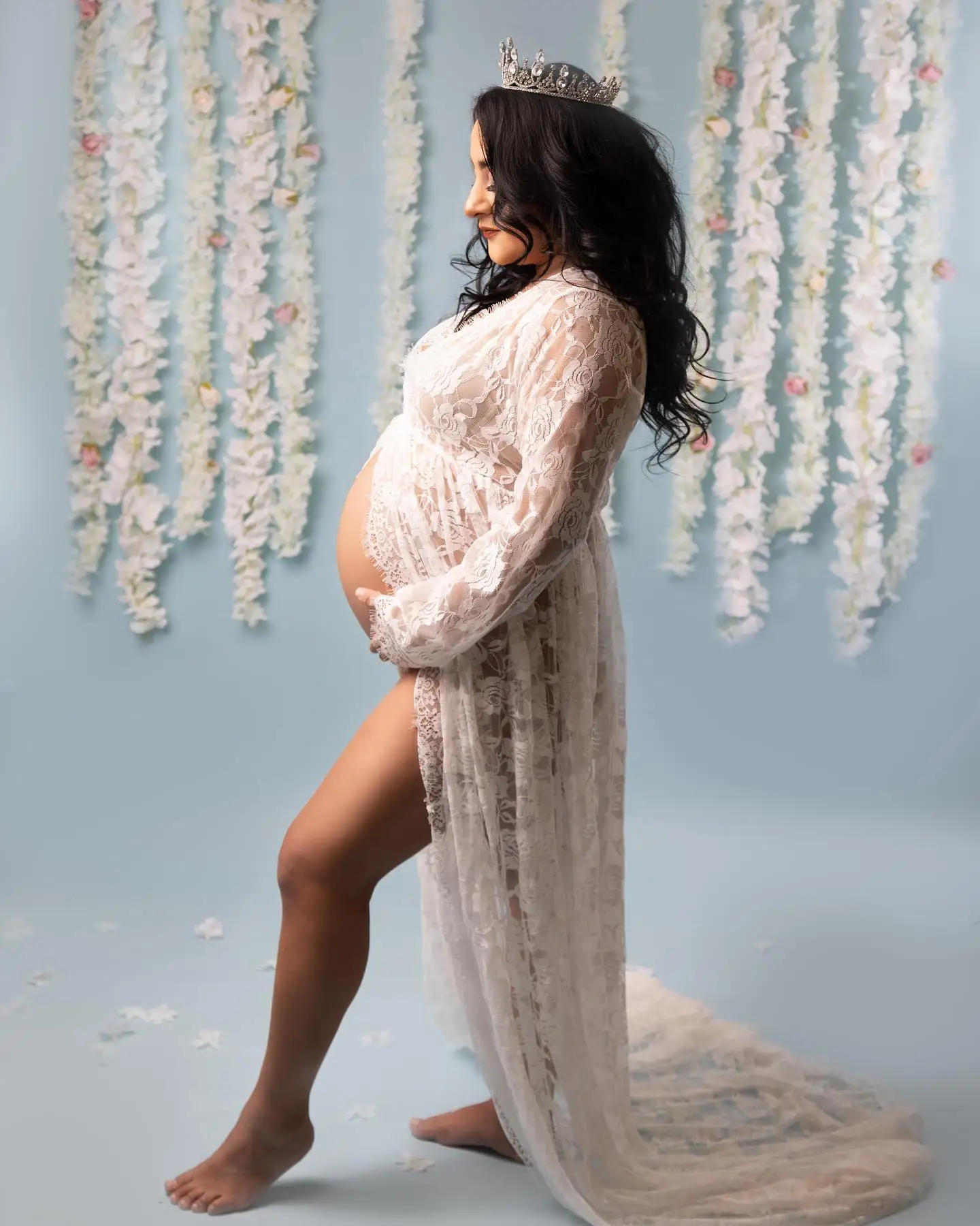 White Lace Women Pregnant Maternity Dresses for Photo Shoot Rose Flower Robe Custom Made Prom Gown(No underwear clothes)