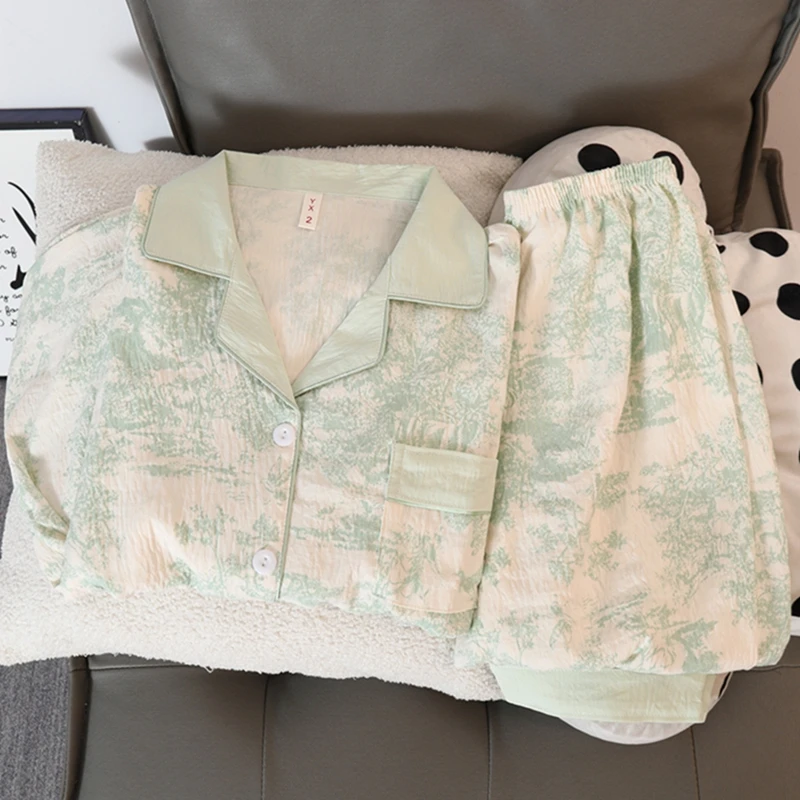 

Женский пижамный комплект в китайском стиле с чернильным принтом, винтажные повседневные весенние новые женские пижамы из двух предметов, простая модная ночная рубашка