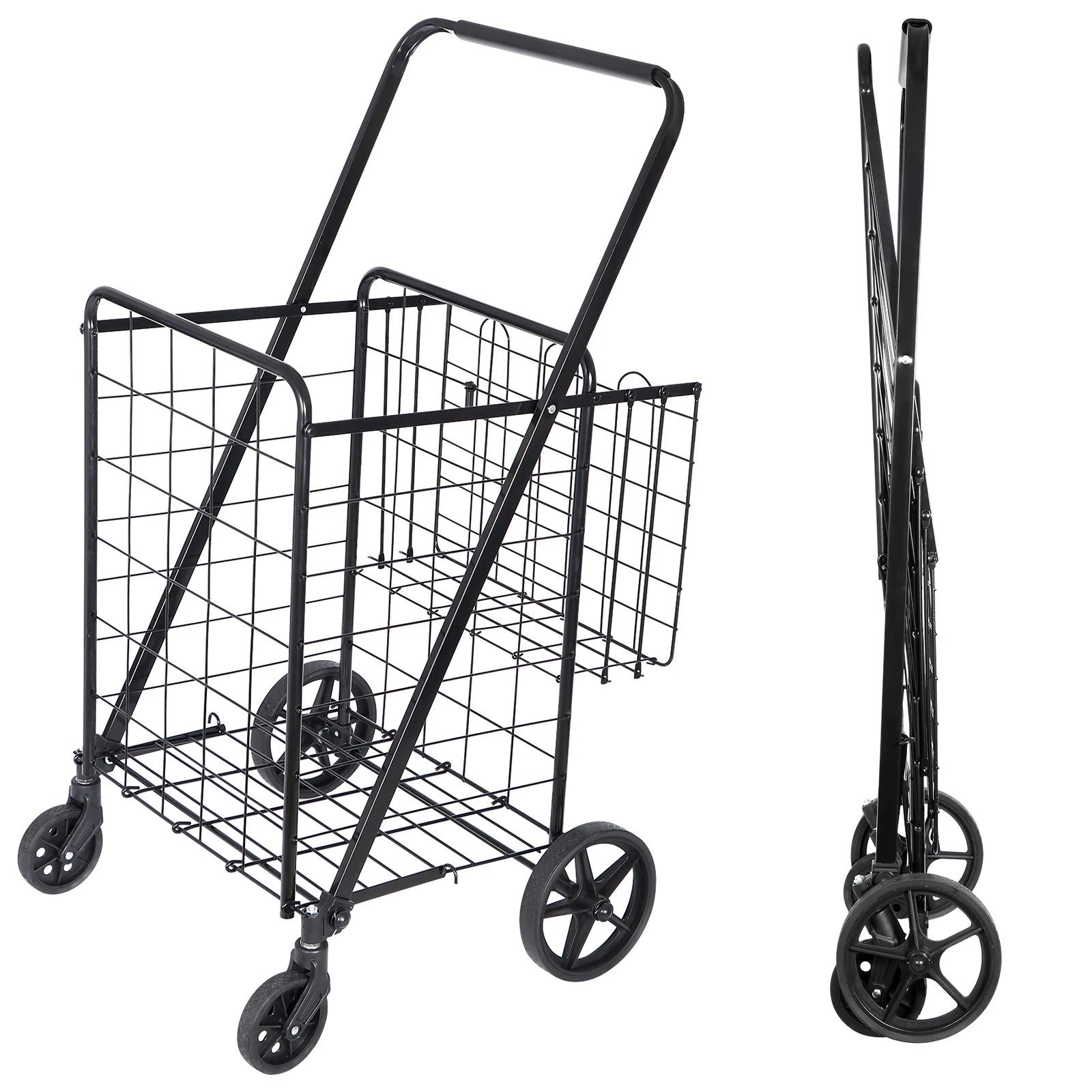 

Folding Shopping Cart with Wheels Metal Utility Cart Grocery Cart Laundry 110lbs