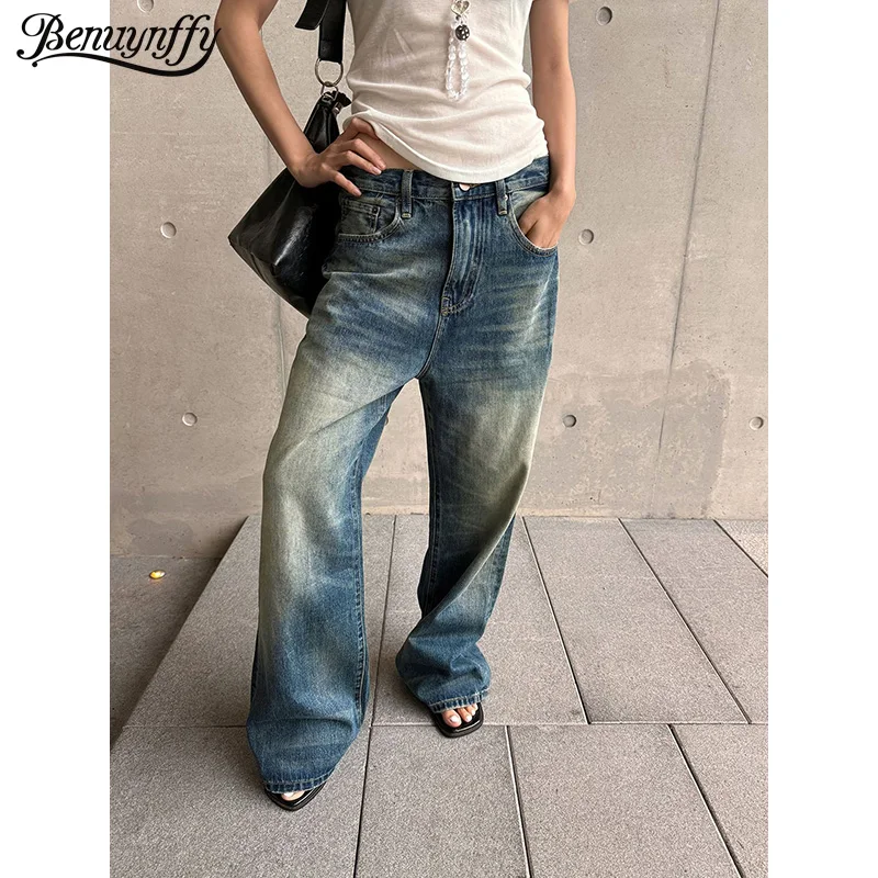 

Benuynffy American Retro Washed Denim Pants for Women 2026 Summer New 2000s Streetwear Distressed Loose Straight Leg Jeans