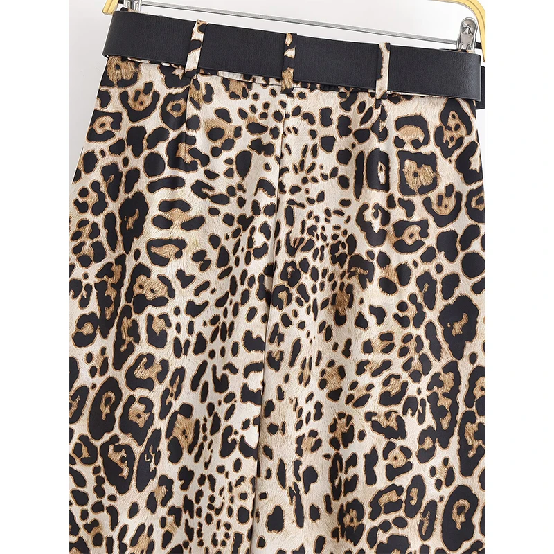 YENKYE خمر مع حزام عالية الخصر بنطال ذو قصة أرجل واسعة ليوبارد طباعة الساتان عادية المرأة بنطلونات الصيف فضفاضة