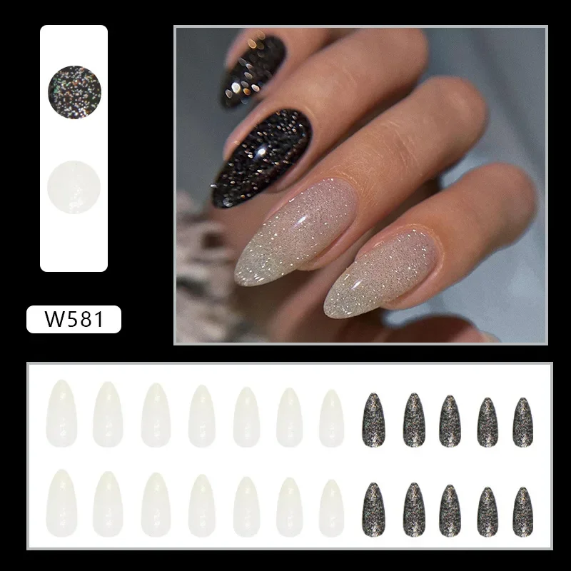 

24pcs of Wearable Nails with Sweet and Cool Flashy Nail European and American Fashionable Ins Style Medium Length Almond Nails