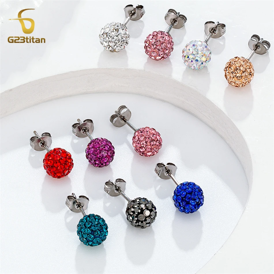 Colors Crystal Bead Polymer Clay Earrings G23 Titanium Ear Stud Micro Pave Rhinestone Disco Ball Hypoallergenic Piercing Jewelry