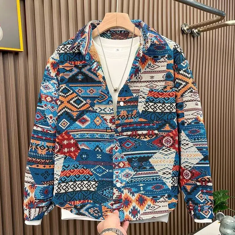 2026 spring men Single Breasted Trendy Brand Casual shirts Men's Loose Retro printing shirt  youth Street Style Printed Coat