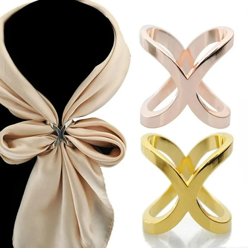 Fashion Cross Scarf Clip X Shape Metal Brooches for Women Hollow Bow Scarves Buckle Holder Shawls Jewelry Clothing Accessories