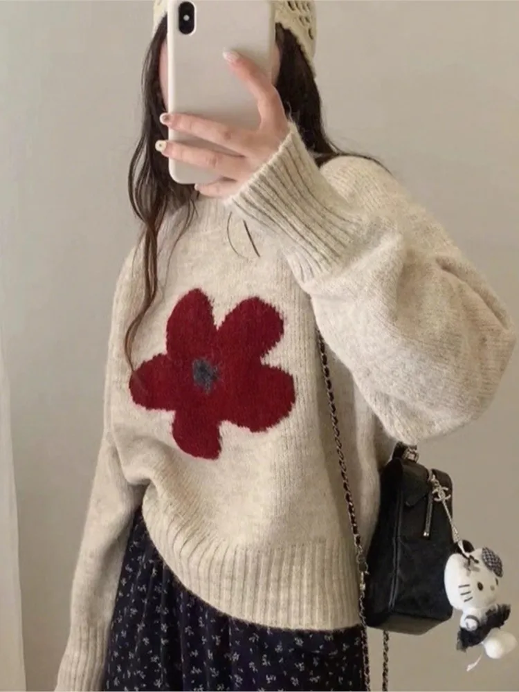 

Осенний универсальный свободный простой стильный свитер, зимняя одежда, женские удобные милые повседневные с цветочным принтом для поездок на работу