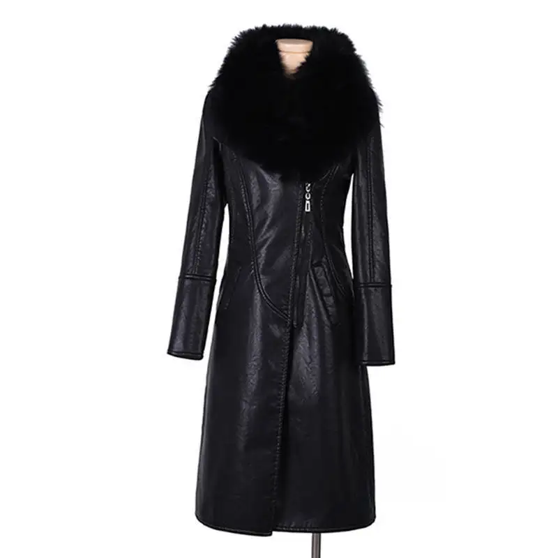 2023 New Big Fur Collar Slim Long PU Leather Jacket Winter Women Thicken Warm Large Size Leather Coat Fashion Casual Outwear