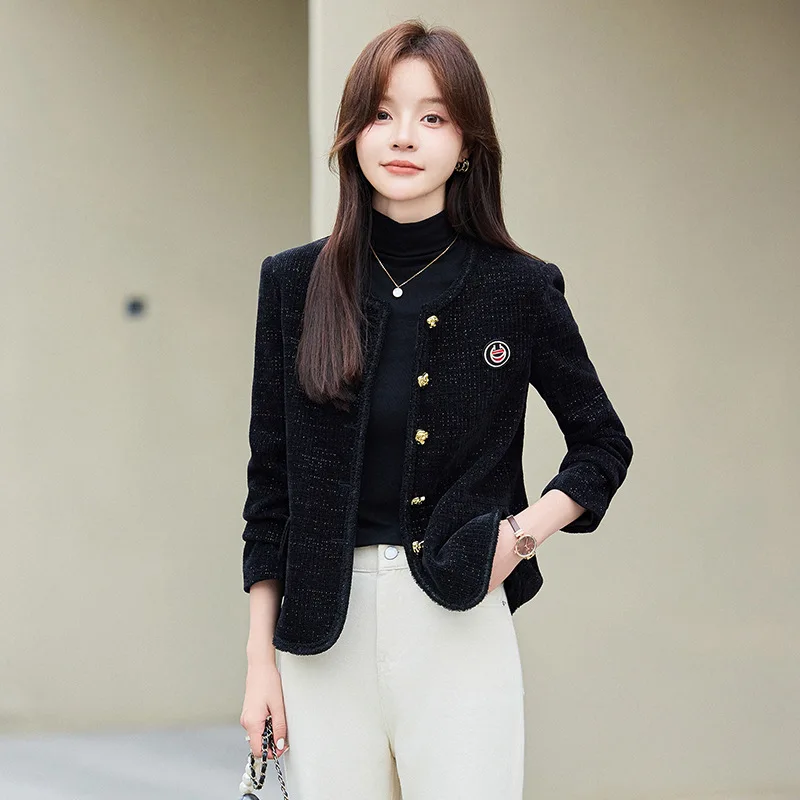 High quality woolen blazer for women single breasted button O neck embroidery autumn winter 2025 elegant  office clothes black
