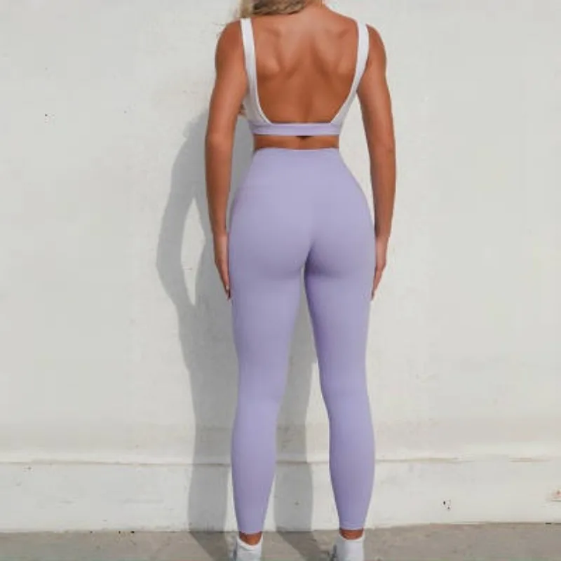 

Women's Slim Fit Color Blocked Yoga Suit Beautiful Back Tight Fitting Nude Pants Set Outdoor Sports and Leisure Fitness Clothing