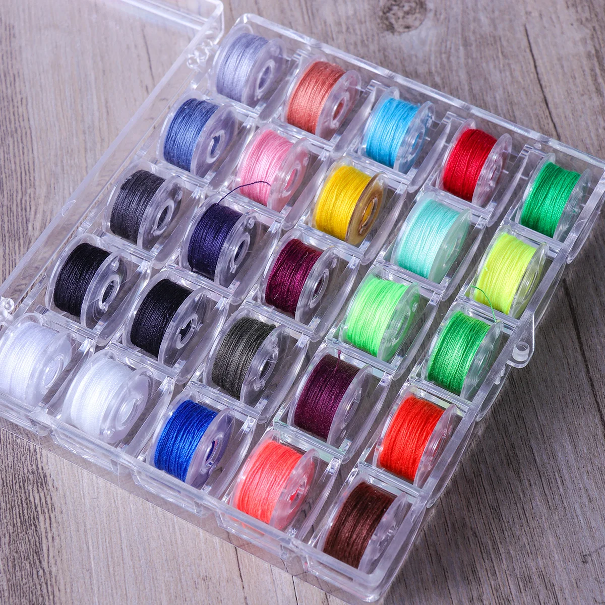 25Pcs Plastic Bobbin Spools Assorted Thread Colors Transparent Storage Case Organizer Domestic Sewing Machine Bobbin Holder Box