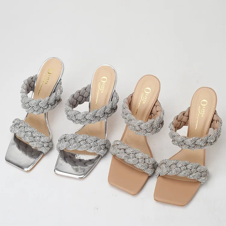 Sparkling Braided Luxury Rhinestone Large Size Double Belt Ultra High Heel Apricot Square Head Open-toed Half-tow Women Sandals