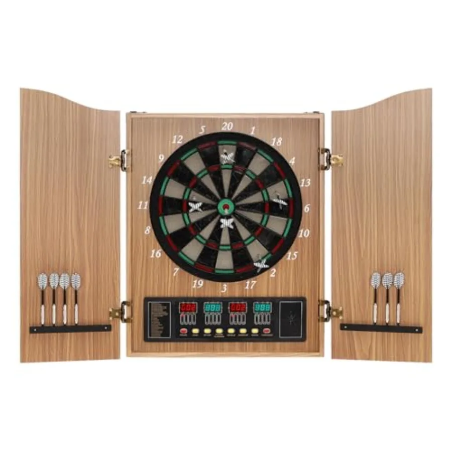 

Electronic dart board cabinet with built-in doors, yellow finish, integrated scoreboard and dart storage for 12 darts, decorati