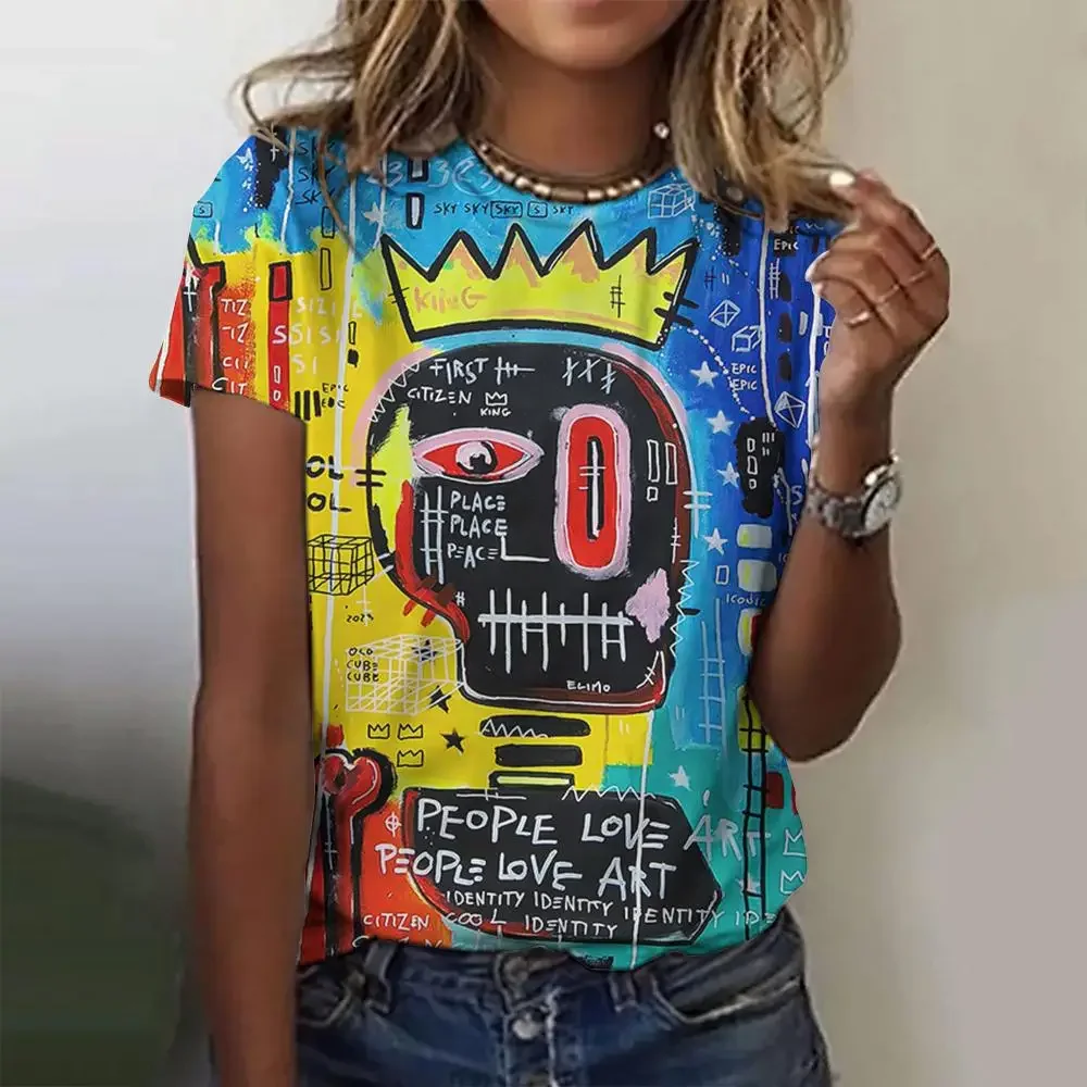 Graffiti Kleurblok 3D Print T-shirts Vrouwen Casual Korte Mouw Ronde Hals T-shirt Zomer Harajuku Top Y2k Tees Vrouwelijke kleding