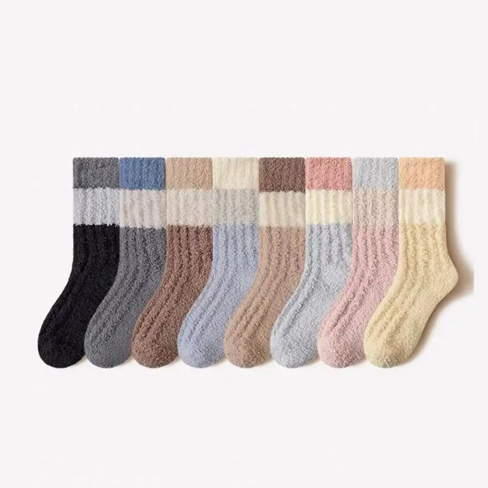 

3Pairs Creative Thickened Coral Fleece Socks Stripe Sleeping Floor Plush Socks Simple Hosiery Mid Tube Socks Women Autumn