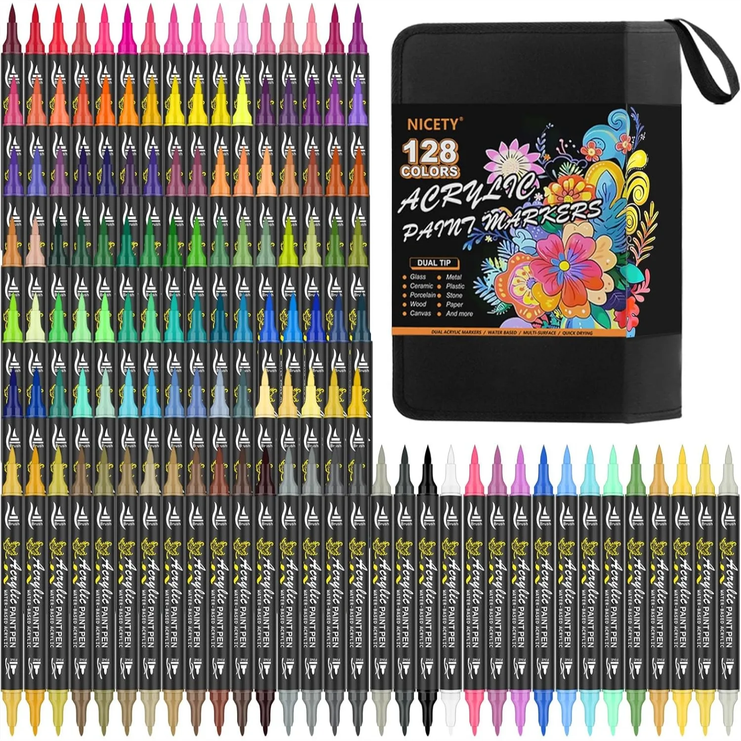 

128 Acrylic Paint Markers Dual Tip Brush Pens for Rock Painting Wood Glass Canvas Ceramic Fabric with Fine and Brush Tip