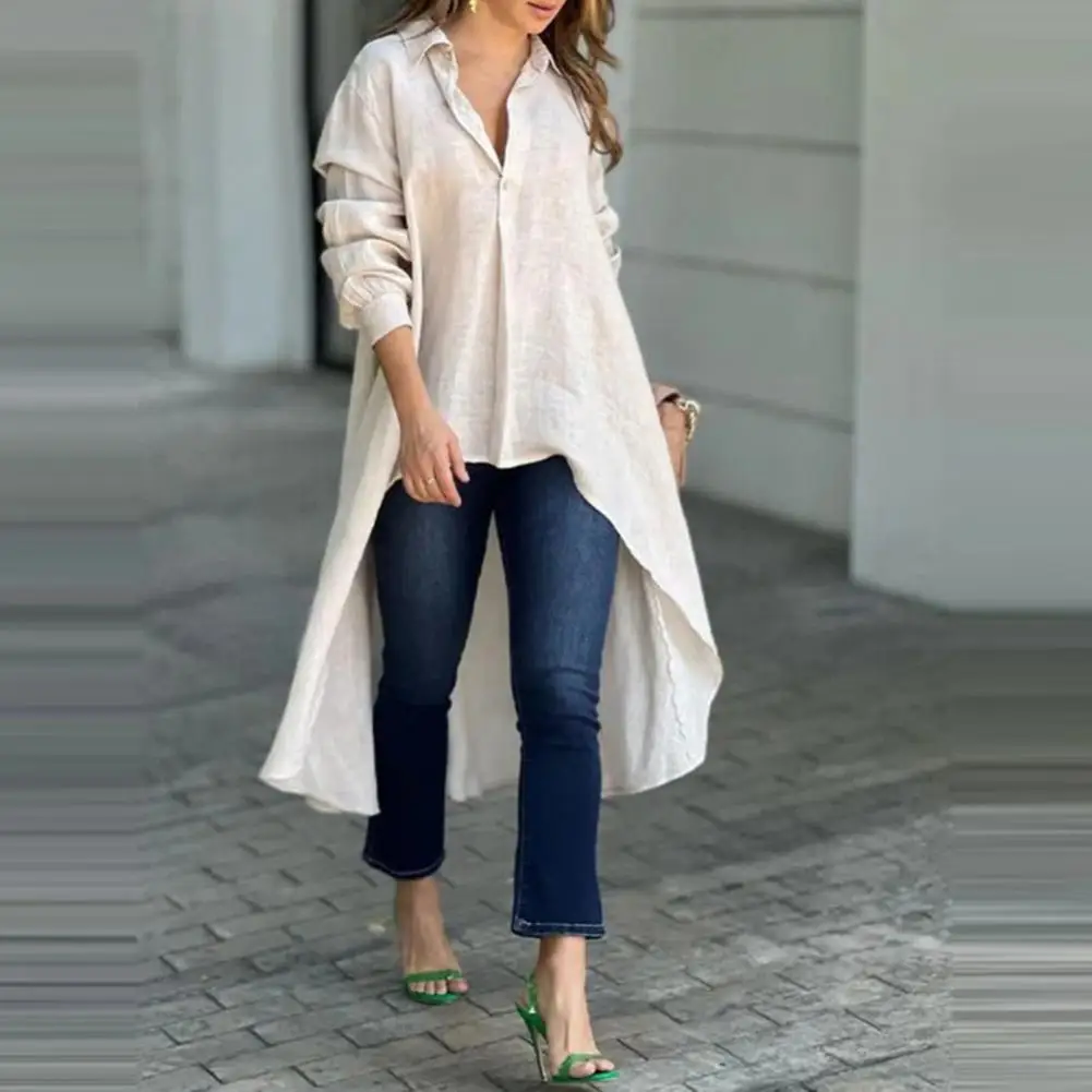 

Women Loose Fit Shirt Elegant Women's Lapel Button Neckline Long Sleeve Shirt with Irregular Hem Stylish Solid for Workwear