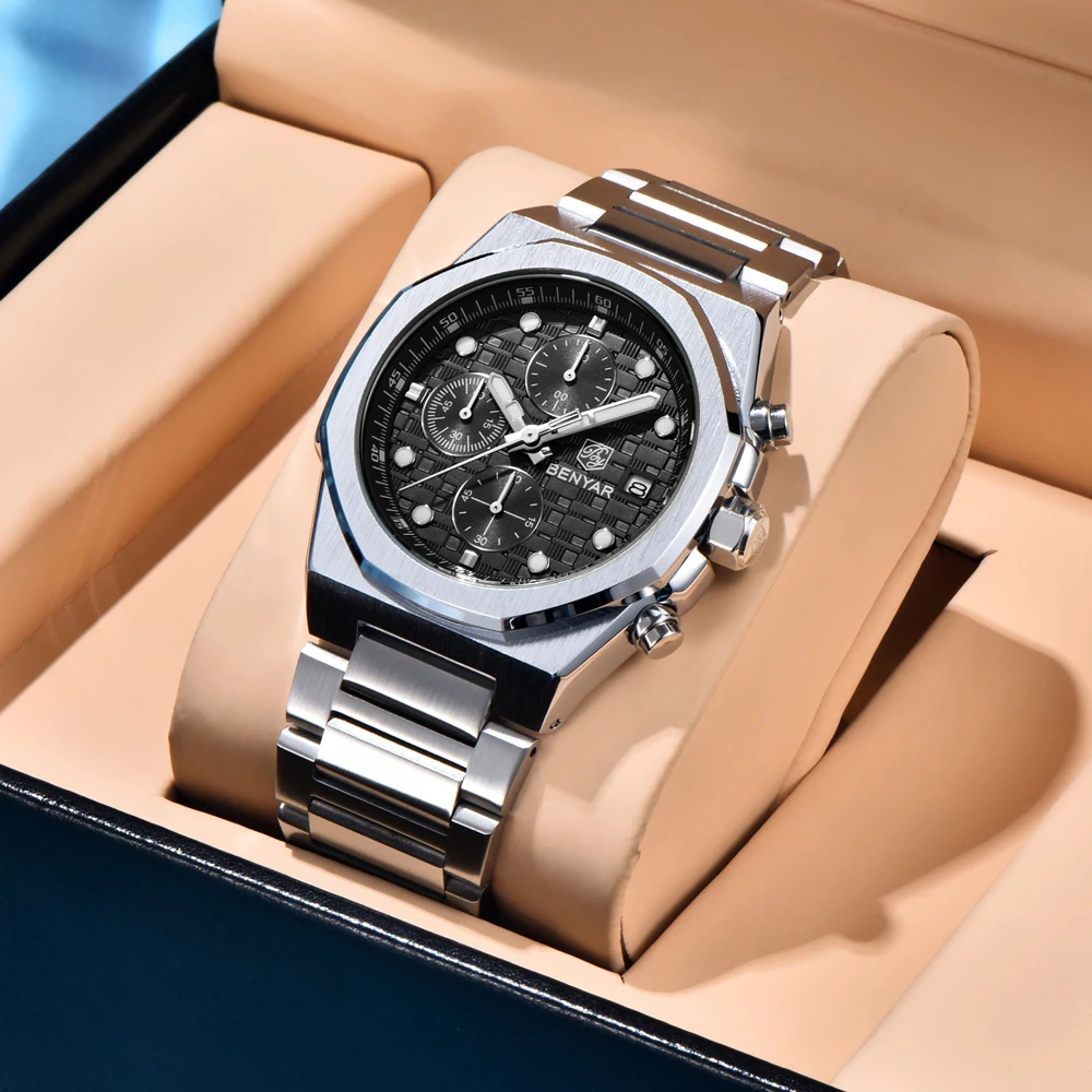 BENYAR – montre à Quartz pour hommes, marque de luxe, chronographe, étanche, lumineuse, en acier inoxydable, boîte cadeau, nouvelle collection 2025