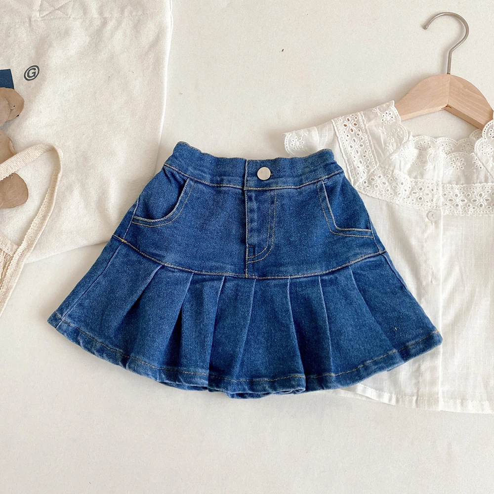 Summer Kids Girls Denim Pleated Skirt Pants 2023 New Korean Style Elastic Waist Blue Jean Skirts 1-8Years Old Infant Girl Skirt