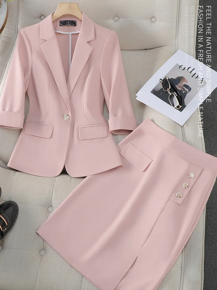 2024 Elegant Skirt Suits Women Ladies New Formal Pink Apricot Khaki 3/4 Sleeve Solid  Blazer Two Piece Set Office Suit