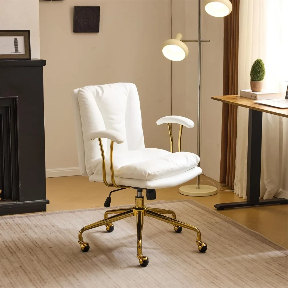 

Home Office Desk Chair Comfy with Wheels & Removable Armrests,Gold Base Vanity Chair with Back, Adjustable Rolling Swivel