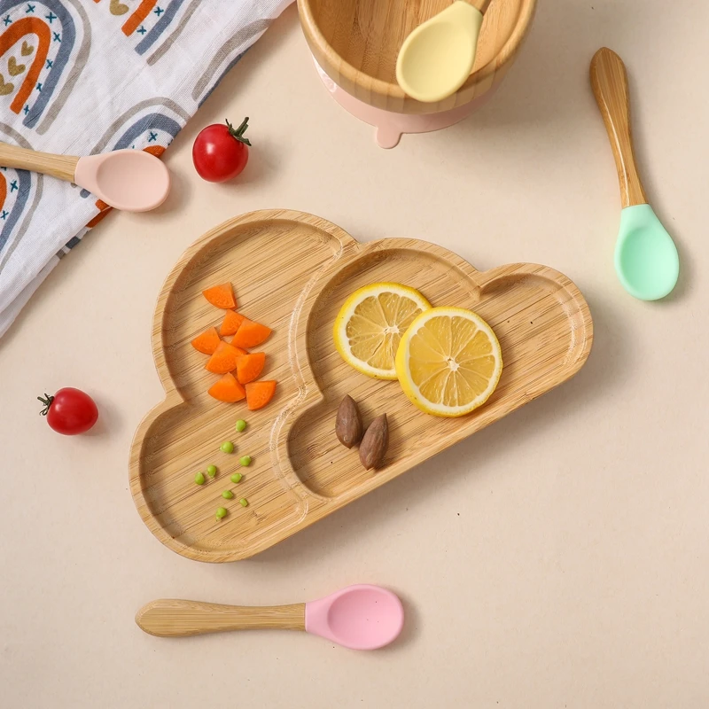 4pcs Children\'s Tableware Suction Plate Bowl Baby Dishes Baby Feeding Dishes Spoon Fork Sets Bamboo Plate for Kids Tableware